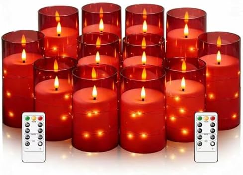 kakoya Flameless LED Candles with Timer 12 Pc Flickering Flameless Candles for Romantic Ambiance and Home Decoration Stable Acrylic Shell,with Embedded Star String，Battery Operated Candles(Red)