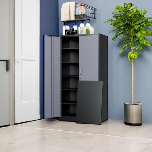 Metal Storage Cabinet with Locking Doors and 5 Adjustable Shelves, 72" Garage Storage Cabinet Steel Lockable for Office,Home,Garage