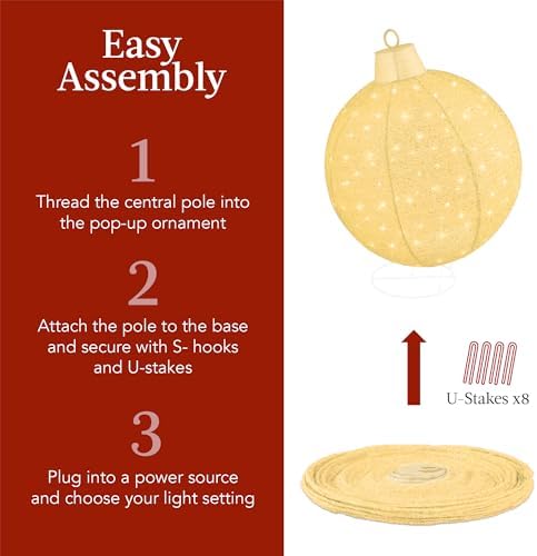 Best Choice Products 2pc Lighted Pop-Up Outdoor Christmas Ornament Set, Holiday Ball Decoration w/ 180 LED Lights, 8 Light Functions - Gold/White