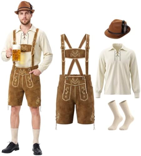 Lederhosen Men Oktoberfest Outfits Men with Shirt Socks Hat