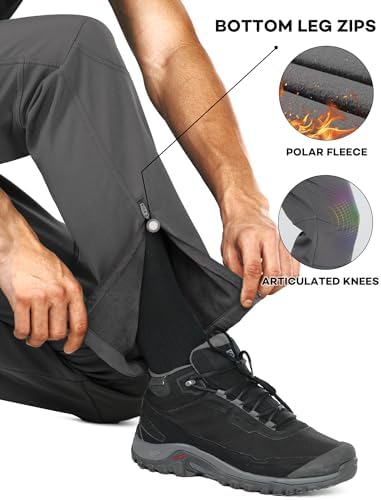 Stlight Mens Snow Ski Water Repellent Softshell Pants for Winter Hiking Fleece Lined Bottom Leg Zipper with 6 Zip Pockets