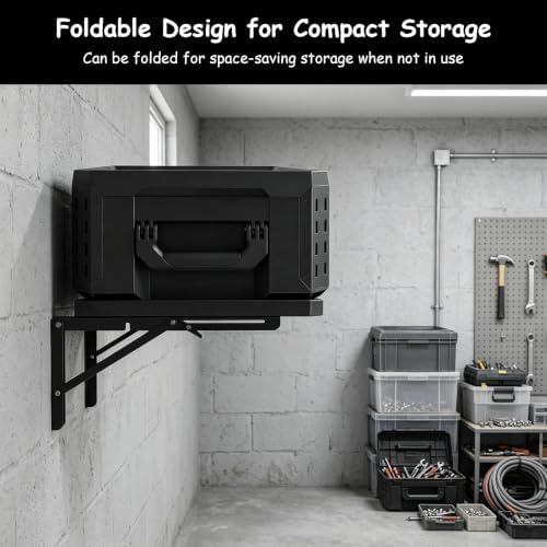 Wall Mounted Folding Shelf Storage Compatible with ToughBuilt StackTech System, Carbon Steel Heavy-Duty Garage Organizer Shelf Rack for Workshop Tool Storage