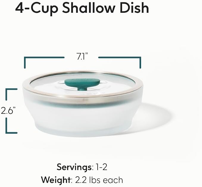 Anyday 4-Cup Glass Cookware Container (Kale) | Microwave-Safe Reheating, Plastic-Free Shallow Food Storage, Stackable Airtight Steamer, Vented Lid, Steaming Vegetables