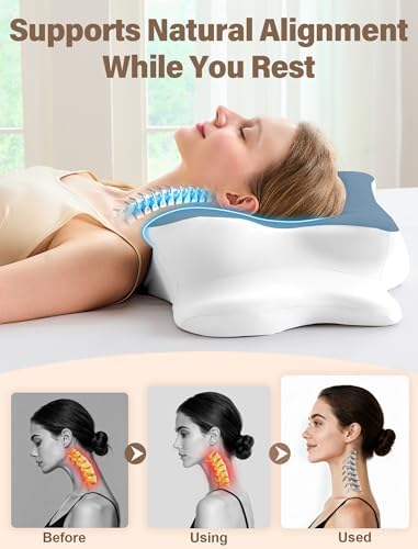Cervical Neck Pillow for Pain Relief – Ergonomic Memory Foam Pillow for Side Sleeper Contour Orthopedic Bed Pillow for Neck Support with Cooling Cover – Ideal Christmas Birthday Gift - Dark Blue