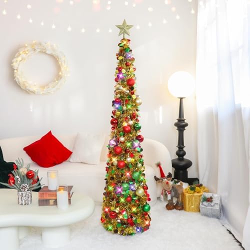 N&T NIETING Pop Up Christmas Tree with Lights, Collapsible Tinsel Xmas Tree Decorations, Pencil Christmas Tree Skinny Tree for Holiday Xmas Home Office Decor, 30 Balls, 5Ft, Gold Mix