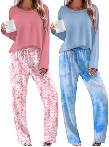 Ekouaer 2 Pack Womens Pajama Sets Long Sleeve Long Pants Pjs Loungewear