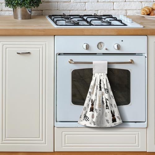 Easter Kitchen Hanging Towels Black and White Bunny Easter Hand Towel with Hanging Loops Spring Rabbit Eggs Holiday Dish Tie Towel Soft Absorbent Fingertip Bath Towel for Bathroom