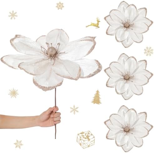Thiccywoov 8 Pack Large 16'' Christmas Velvet Magnolia Flowers, White