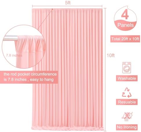 4 Panels Blush Pink Backdrop Curtain for Parties Baby Shower Wrinkle Free Pink Photo Curtains Backdrop Drapes Fabric Decoration for Wedding Birthday Party 20ft(W) x 10ft(H)