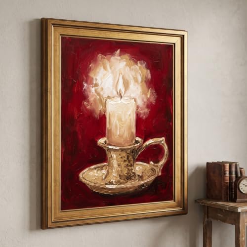 Framed Canvas Wall Art Painterly Glowing Candle Brass Holder Red and Gold Impasto Art Canvas Print Poster Gold Frame Wall Decor for Living Room Warm Ambiance, Traditional Decor - Inch 16x20