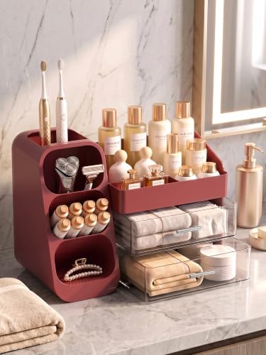 Booklov Large Makeup Organizer for Vanity Countertop, Red