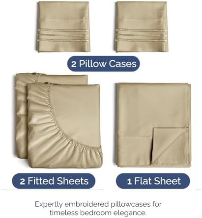 Split King Size 5 Piece Sheet Set - Breathable & Cooling Sheets - Beige