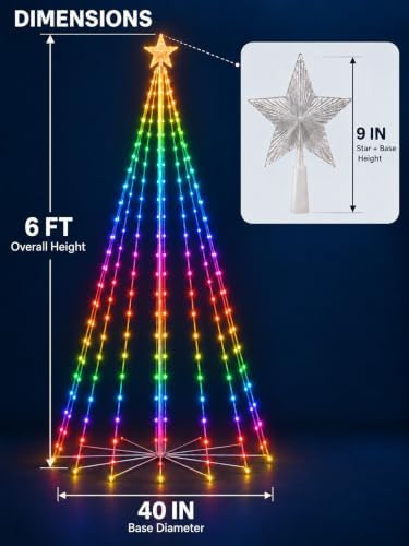 6FT 214 LEDs Smart RGB Outdoor Christmas Tree Cone Lights with Star