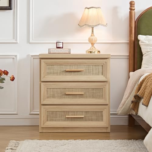 RWYHG Rattan Night Stand 3 Drawer Storage 26" Tall Wood with Gold Handle