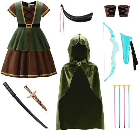 ReliBeauty Archer Costume Girls Huntress Costume for Girls with Cape,Green