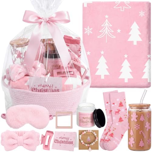 Reallnaive 11 Pcs Pink Christmas Basket Gift for Women Secret Santa Box