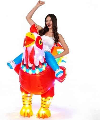 Inflatable Rooster Costume with LED Lights, Blow Up Full Body Chicken Costume for Adults, Funny Light Up Fancy Dress for Halloween Carnival Easter Party Cosplay