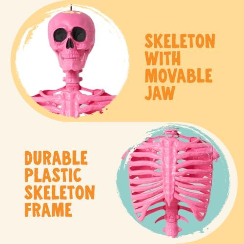 JOYIN 5 FT Halloween Skeleton Life Size, Stayable Posable Pink Skeleton Decor, Full Body Movable Joints Giant Skeletons for Halloween Decoration, Spooky Scary Graveyard Party, Haunted House Prop