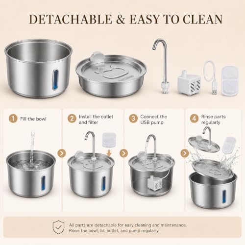 FreshFlow Cat Water Fountain, Stainless Steel Pet Drinking Fountain with Triple Filtration for Cats and Dogs, Automatic Pet Water Fountain，Silver 1.06 GAL