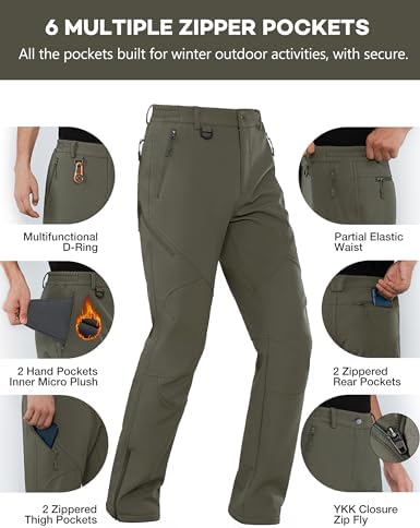 Stlight Mens Snow Ski Water Repellent Softshell Pants for Winter Hiking Fleece Lined Bottom Leg Zipper with 6 Zip Pockets