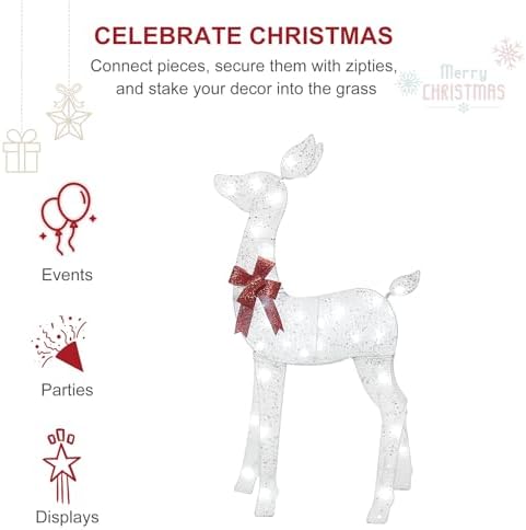 HOYECHI 5 FT Oversized Christmas Decorations Outdoor Lighted Reindeer – 3-Piece 2D Deer Family Set with 160 Warm White LED Lights for Yard, Lawn, Garden & Porch Holiday Display - White