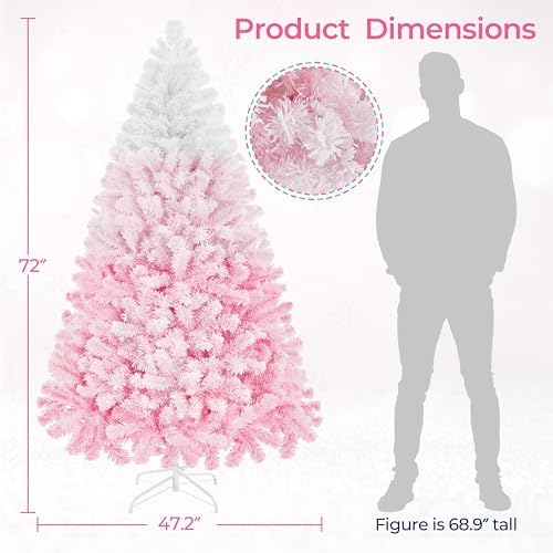 Yaheetech 6ft Prelit Flocked Christmas Tree, Pink & White, 250 Lights
