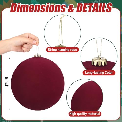 Hollowfly 4 Pcs 8 Inch Extra Large Velvet Christmas Balls Oversized Huge Big Christmas Tree Ornaments Balls for Family Holiday Xmas Tree Hanging (Red)