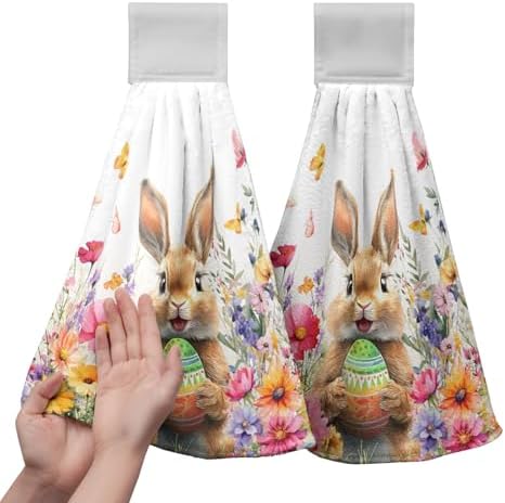 Spring Easter Hanging Kitchen Towels Easter Bunny Rabbit Eggs Flowers Hand Towel with Hanging Loop Watercolor Floral Rabbits Dish Tie Towels Super Absorbent Soft Fast Drying Bath Towel for Bathroom