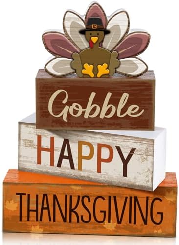 Lineshading 4 Pcs Thanksgiving Table Decoration, Turkey Wooden Block Signs