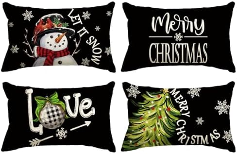 AVOIN colorlife Merry Christmas Let It Snow Love Snowman Black Throw Pillow Covers, 12 x 20 Inch Xmas Tree Holiday Cushion Case Decoration for Sofa Couch Set of 4