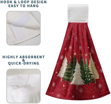 Red Christmas Tree Kitchen Hanging Towels Xmas Trees Snowflakes Hand Towels with Hanging Loop Winter Holiday Farmhouse Dish Washcloths Soft Absorbent Fingertip Bath Tie Towel Set of 2