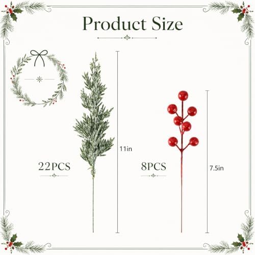 30 Pcs Artificial Christmas Snow Pine Branches Red Berry Stems Faux Sprigs