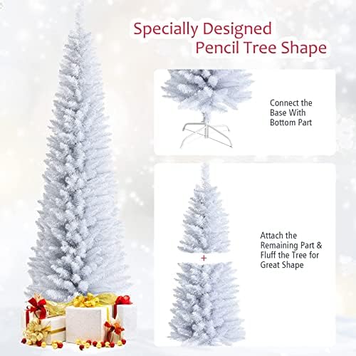 7FT White Pencil Christmas Tree, Artificial Christmas Tree w/Premium PVC Needles, Pine Tree w/Solid Metal Stand, Ideal for Home, Office, Shops, Holiday Decoration