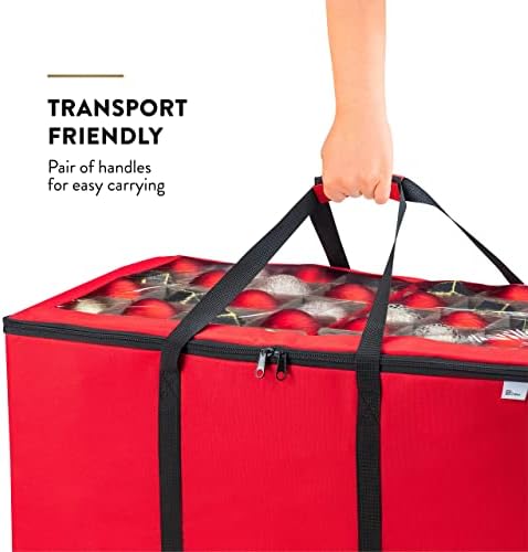 ZOBER Christmas Ornament Storage Box - Stores 200 3" Ornaments with Individual Trays - Tear Proof 600D Oxford Fabric - ornament organizer storage box (Red, 200-3" Ornaments)