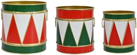 3-Piece Christmas Metal Drum Buckets Set - Festive Ice Bucket & Storage for Small Plants/Ornaments/Candies, Round Decorative Pails for Party Table Centerpieces & Home Mantel Display
