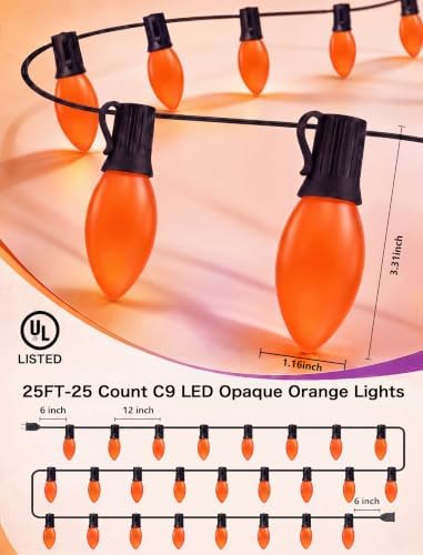 SUNSGNE C9 LED Halloween Orange String Lights 25FT Outdoor String Lights with 27 0.6W LED Plastic Bulbs(2 Spare) for Patio Garden Roofline Backyard Decorations, Black Wire