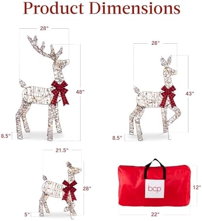 Best Choice Products 4ft 3-Piece 2D Lighted Christmas Deer Family Set, Large Outdoor Yard Reindeer Holiday Decoration with 175 LED Lights, Stakes, Zip Ties - Rattan