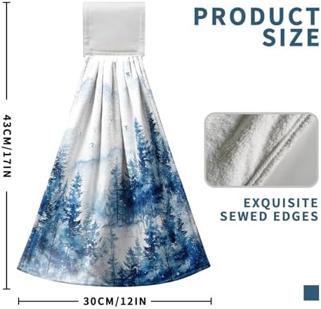 Blue Misty Forest Hanging Hand Towels Set of 2 Winter Nature Pine Trees Mountain Kitchen Towels with Hanging Loop Rustic Farmhouse Hand Towels Super Absorbent Soft Dish Tie Towel Tea Towel