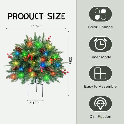 Christmas Tree Urn Filler, Battery Operated with Timer, Pre-lit Warm White & Multi-Color Changing LED Lights, Artificial Xmas Tree for Porch, Pathway, Yard, Outdoor Holiday Decoration (2, Green)