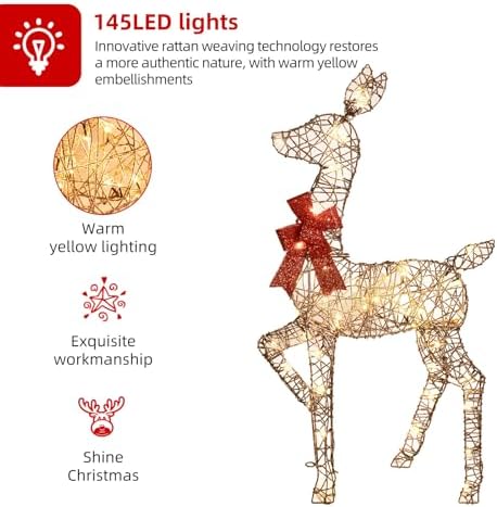 HOYECHI 4ft Christmas Decorations Outdoor Lighted Reindeer – 3-Piece 2D Deer Family Set with 145 Warm White LED Lights for Yard, Lawn, Garden & Porch Holiday Display - Rattan