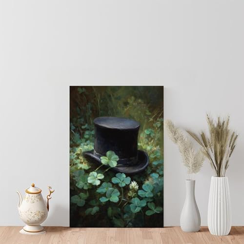 JDBeehpy Irish Art Painting St. Patrick's Day Decoration Gift Print Green Hat Countryside Clover (Unframed, Canvas Only) Wall Art Clover Wall Poster Canvas Painting 12x18inch(30x45cm)
