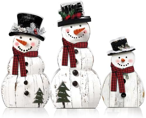 Barydat 3 Pcs Large Snowman Christmas Decoration Rustic Wooden Indoor Decor