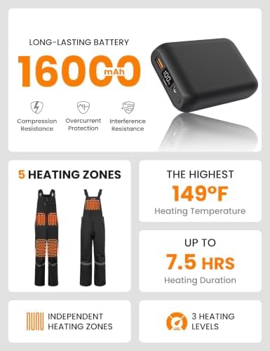 Heated Insulated Bib Overalls for Men with 16000mAh Power Bank