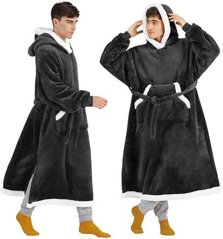 Bedsure Wearable Blanket Hoodie, Long Hooded Blanket Sweatshirt as Christmas Birthday Gifts for Men, Cozy Sherpa Hoodie for Adult, Oversize, Charcoal