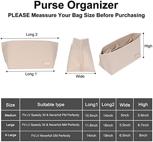 Doxo Purse Organizer Insert for Handbags & Base Shaper 2pc Set, Felt Neverfull PM Organizer Insert, Tote Bag Organizer with Zipper Pocket and Bottle Holder, Fit Neverfull PM and More, Beige-M