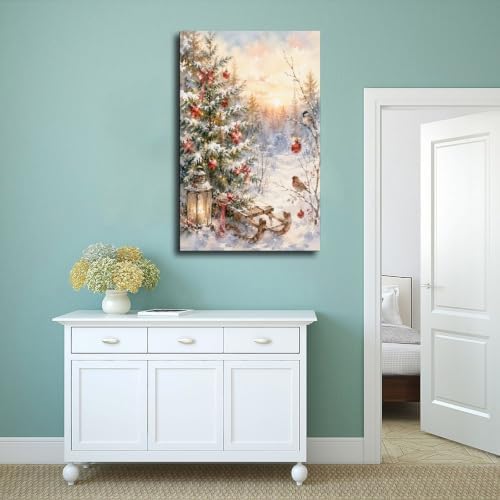 Snowy Christmas Tree Canvas Wall Art Winter Sled Birds Decor Inner Frame