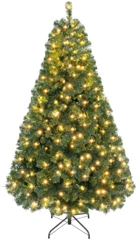 HAPPYGRILL 7 FT Pre-lit Christmas Tree Artificial Hinged Xmas Tree
