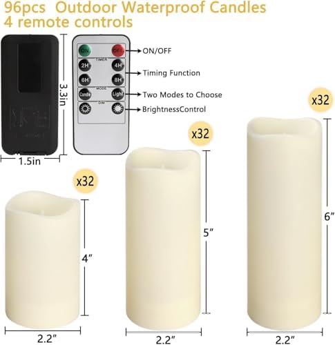 YOROXRG Set of 96 Waterproof Outdoor Flameless Candles, LED Candles with 4 Remote and Timer,(H 4" 5" 6" x D 2.2"),for Halloween Wedding Festival