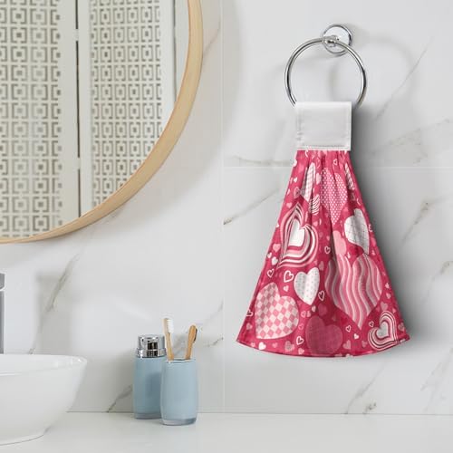 Happy Valentine's Day Hanging Kitchen Towels Set of 2 Hot Pink Love Hand Towel with Hanging Loop Bright Boho Heart Bath Tie Towel Soft Absorbent Dish Tea Towels for Bathroom