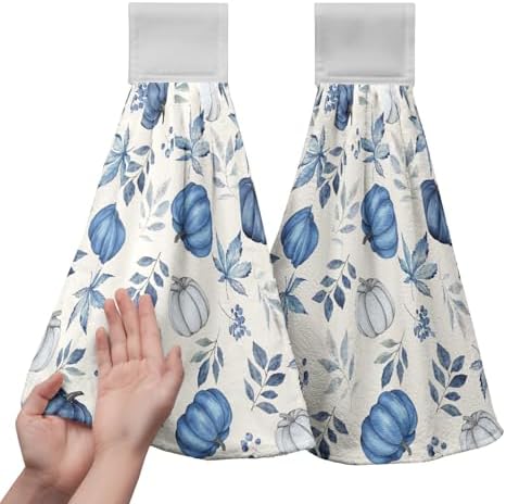 Fall Blue Pumpkin Kitchen Towels with Hanging Loop Autumn Thanksgiving Hanging Hand Towels Seasonal Eucalyptus Maple Leaf Dish Tie Towel Soft Absorbent Fingertip Bath Towel Set of 2